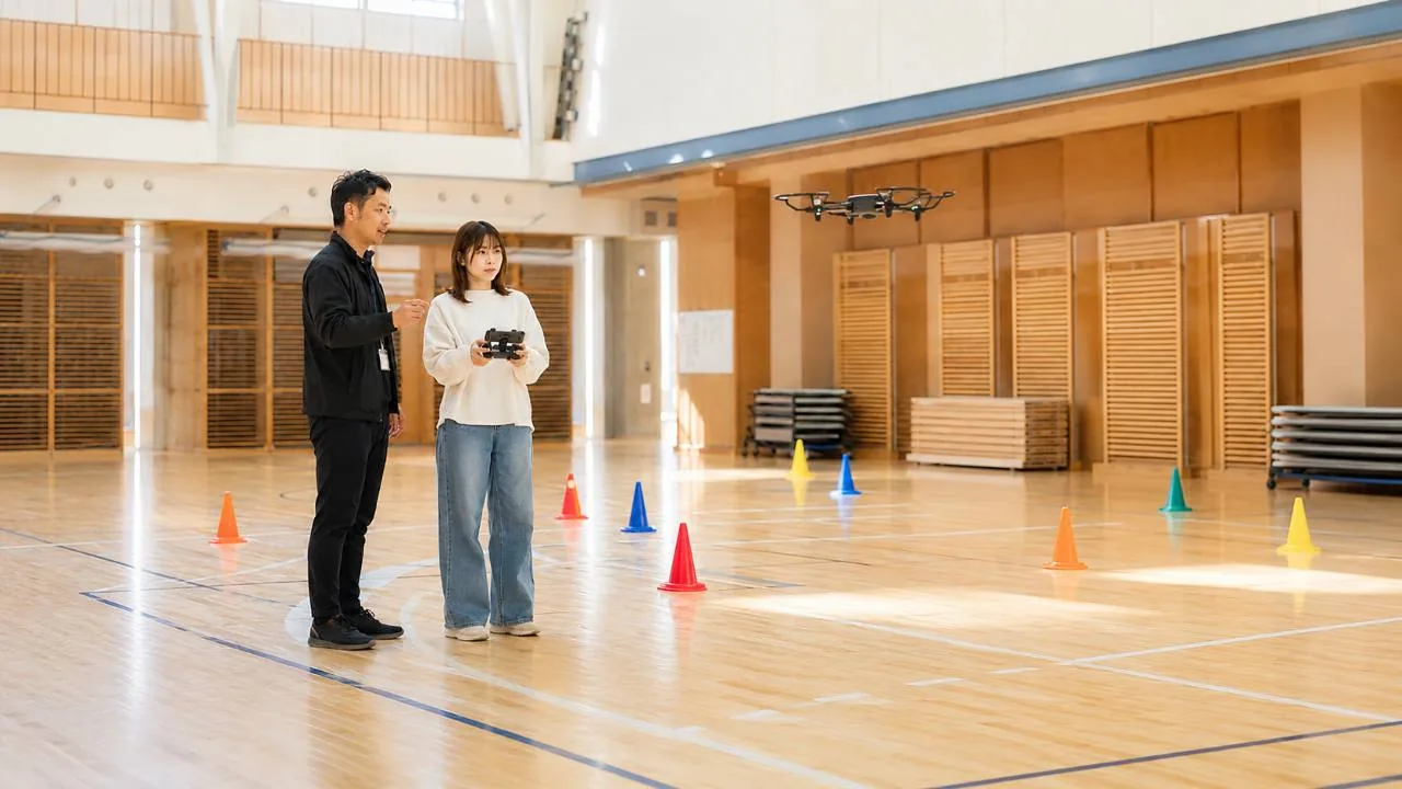 体育館内でインストラクターの指導を受けながらドローンを操縦する受講者