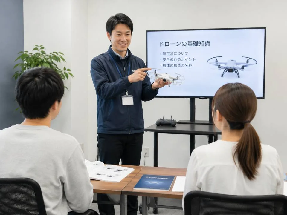 受講者にドローンの基礎知識を説明する講師